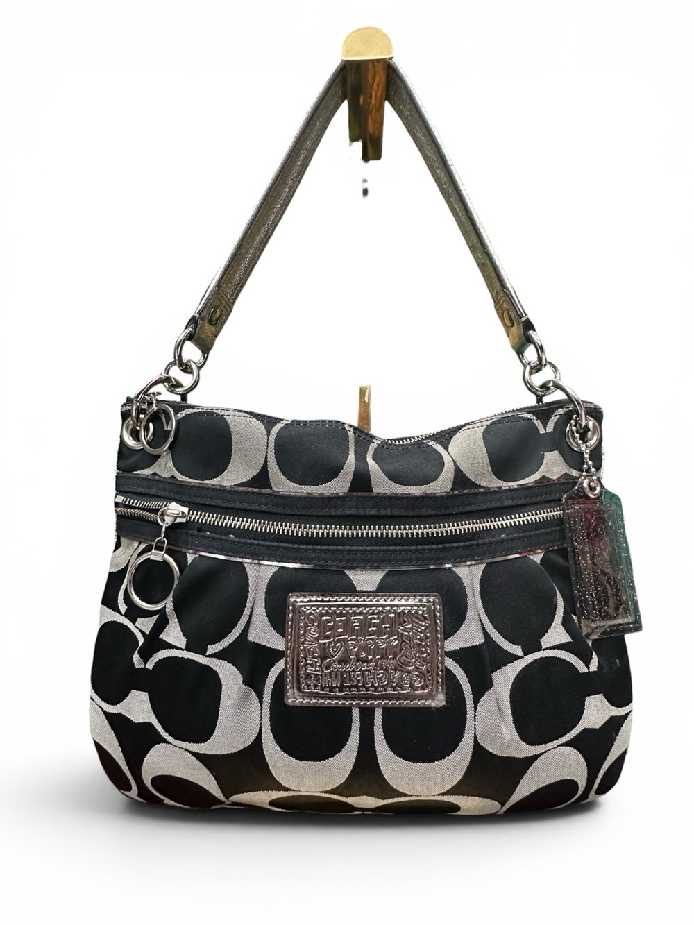 Coach Poppy Signature C Shoulder Bag Black Silver Canvas Purple Satin w/ Hangtag